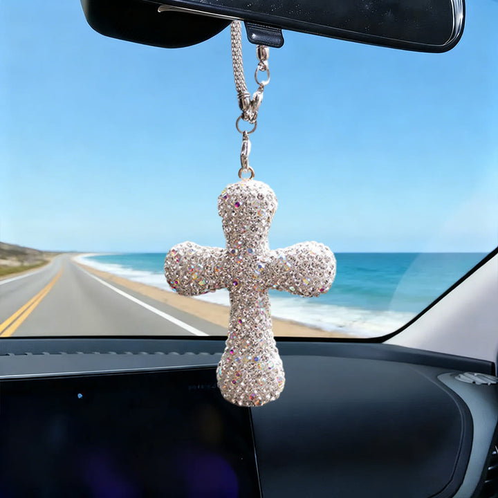 Ciondolo a croce per auto con decorazioni in cristallo Christianartworkshop : una fede radiosa per ogni viaggio. - Bianco - image 2