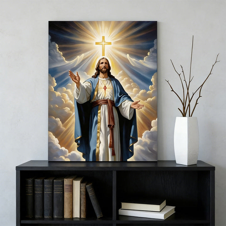 Christianartworkshop Stampa artistica da parete con croce radiosa e Gesù: grazia luminosa per gli spazi domestici - Dipinto su tela incorniciato - 11,81''*15,75''0,71"/30*40*1,8 cm - image 0