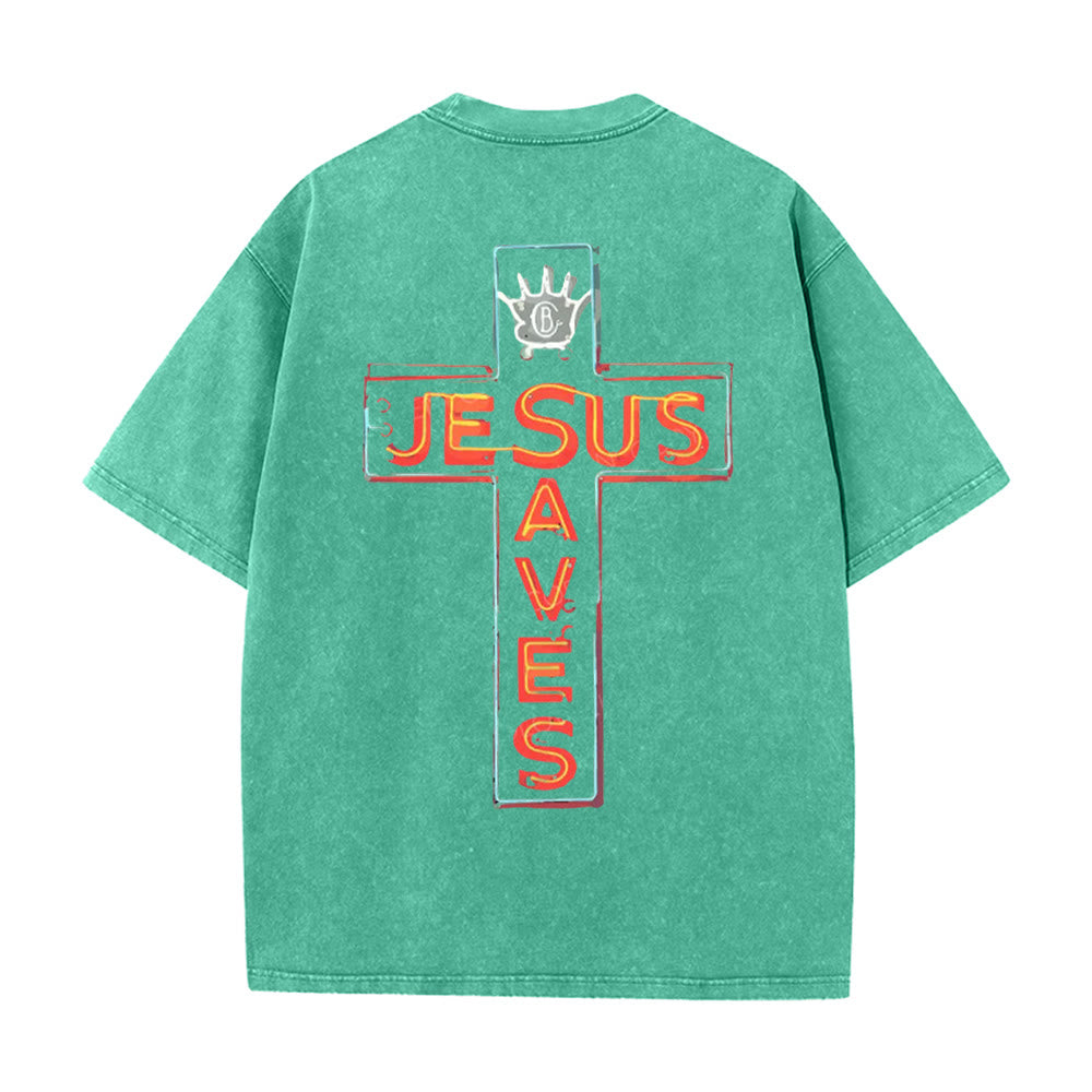 Christianartworkshop Maglietta unisex lavata con grafica Gesù salva la croce - Verde - 5XL - image 12