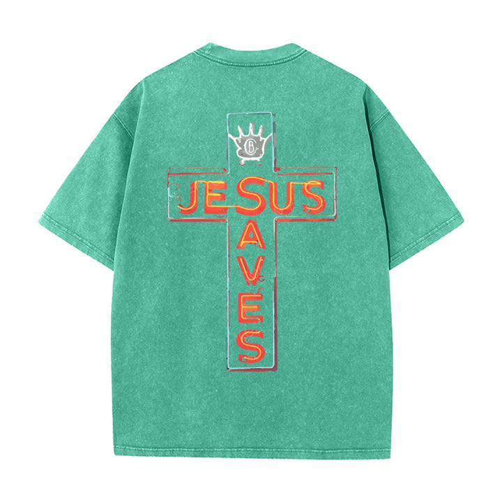 Christianartworkshop Maglietta unisex lavata con grafica Gesù salva la croce - Verde - 5XL - image 12