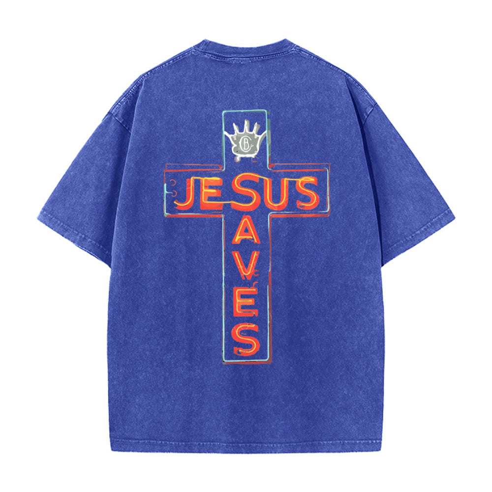 Christianartworkshop Maglietta unisex lavata con grafica Gesù salva la croce - Blu - 5XL - image 0