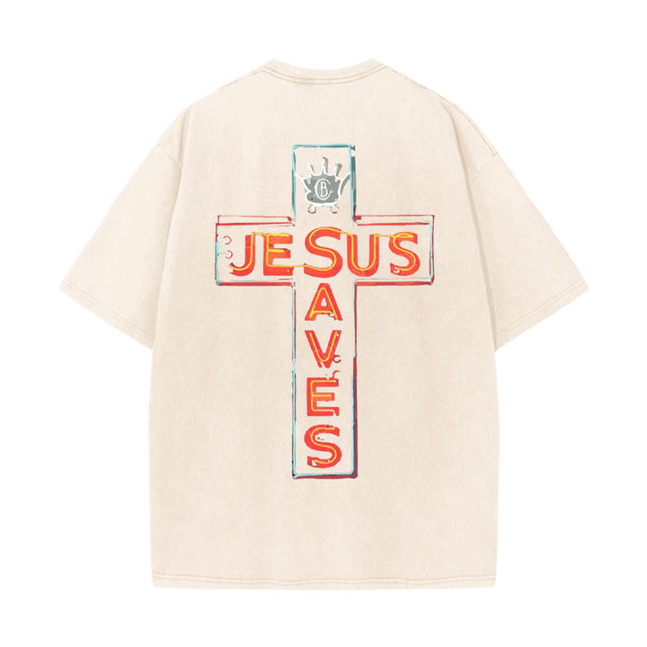 Christianartworkshop Maglietta unisex lavata con grafica Gesù salva la croce - Beige - 5XL - image 4