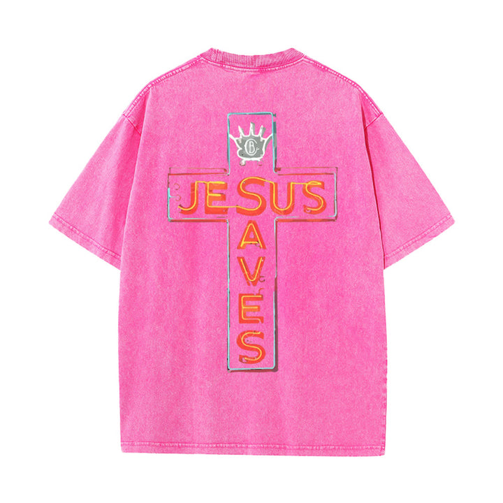 Christianartworkshop Maglietta unisex lavata con grafica Gesù salva la croce - Rosa - 5XL - image 10