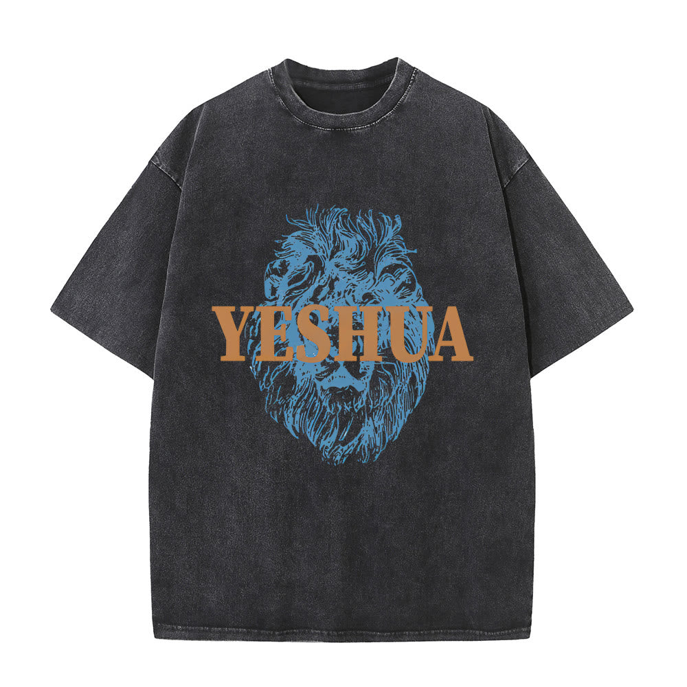 Maglietta lavata con testa di leone "YESHUA" Christianartworkshop - Nero - 5XL - image 0