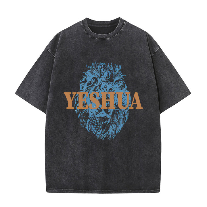 Maglietta lavata con testa di leone "YESHUA" Christianartworkshop - Nero - 5XL - image 0