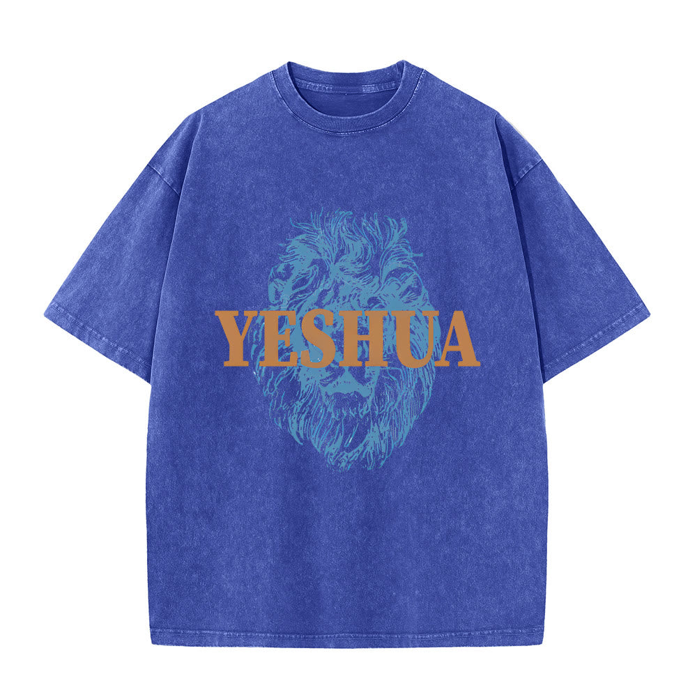 Maglietta lavata con testa di leone "YESHUA" Christianartworkshop - Blu - 5XL - image 2