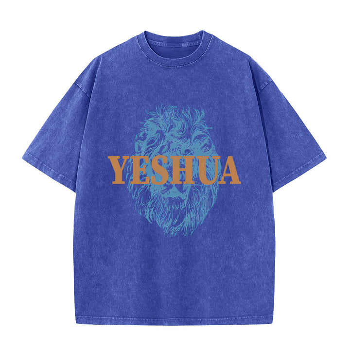 Maglietta lavata con testa di leone "YESHUA" Christianartworkshop - Blu - 5XL - image 2