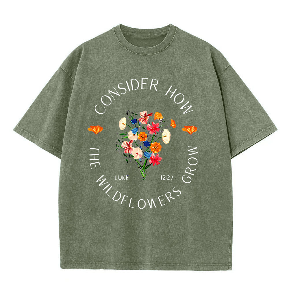 Christianartworkshop "Considera come crescono i fiori selvatici" T-shirt unisex lavata - Verde militare - 5XL - image 5