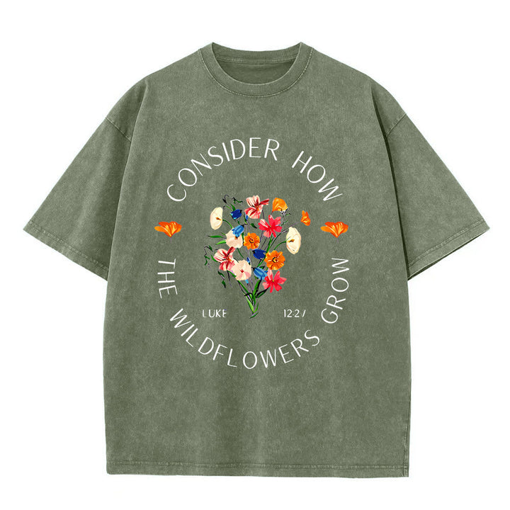 Christianartworkshop "Considera come crescono i fiori selvatici" T-shirt unisex lavata - Verde militare - 5XL - image 5