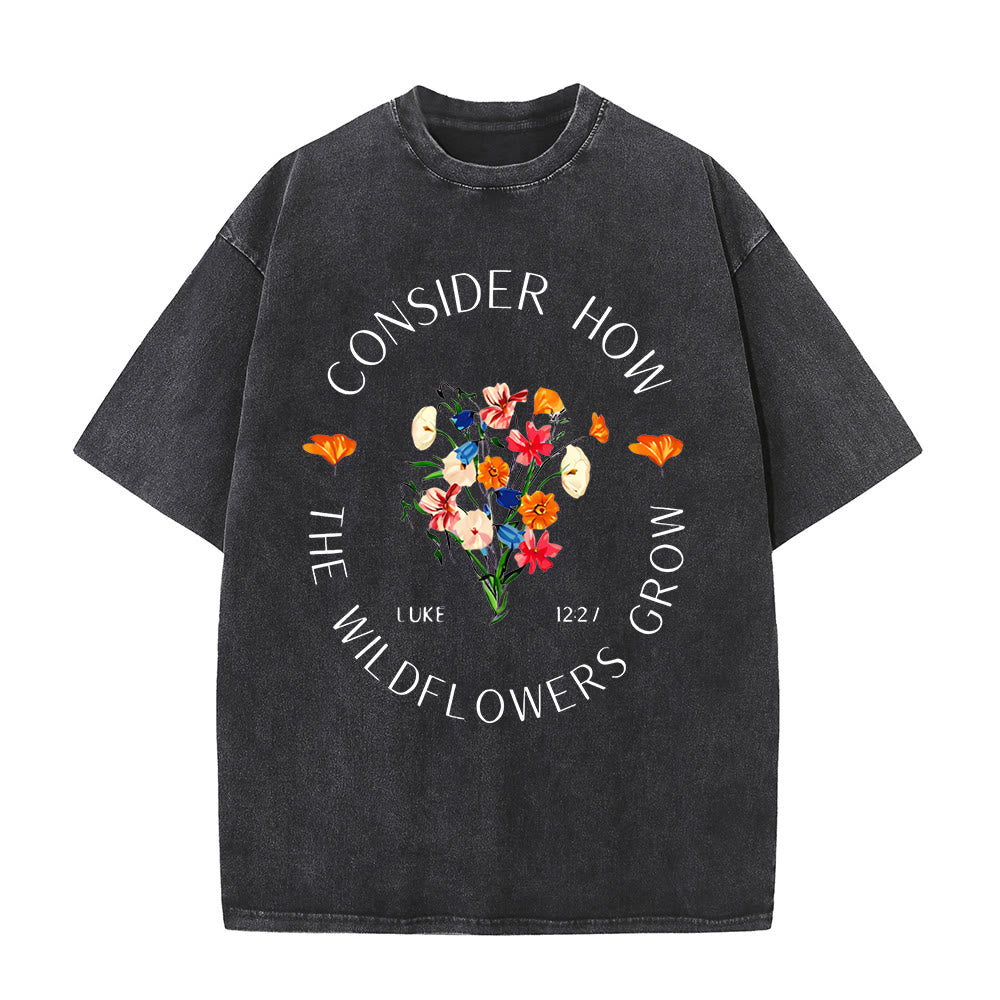 Christianartworkshop "Considera come crescono i fiori selvatici" T-shirt unisex lavata - Nero - 5XL - image 0
