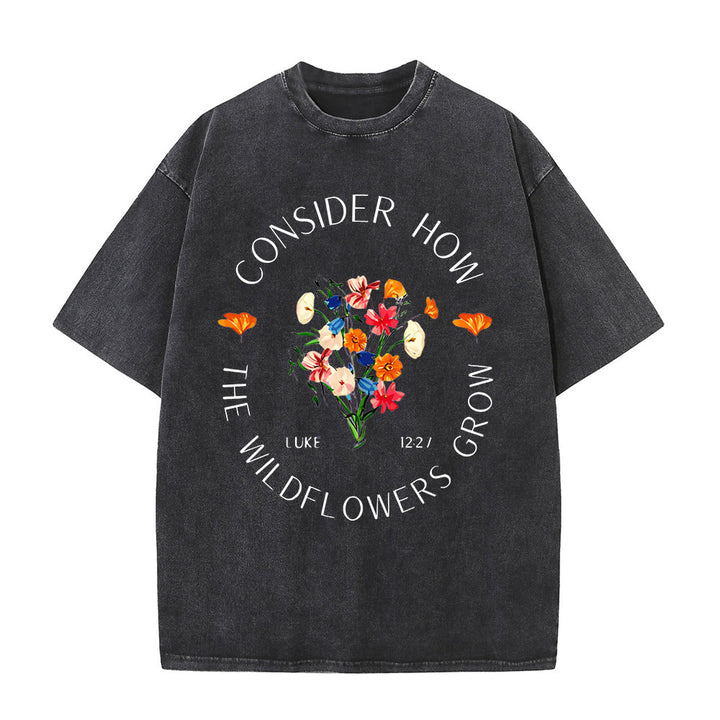 Christianartworkshop "Considera come crescono i fiori selvatici" T-shirt unisex lavata - Nero - 5XL - image 0