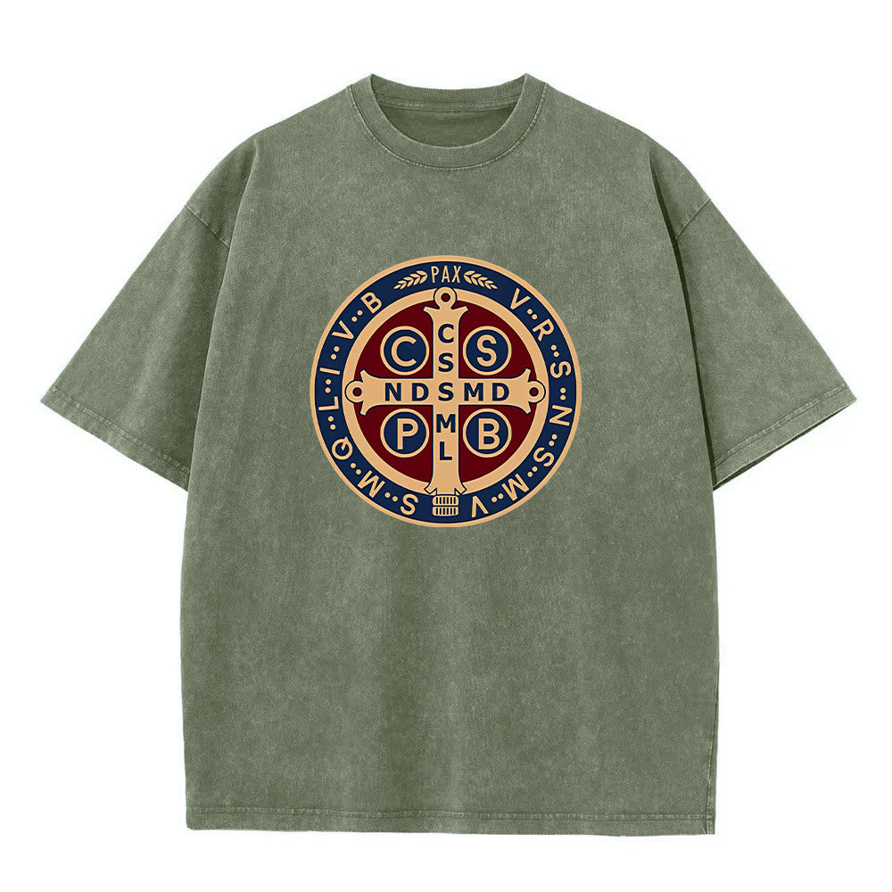Christianartworkshop Medaglia di San Benedetto Santa Croce T-shirt unisex lavata - Verde militare - 5XL - image 5