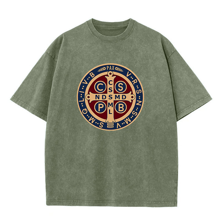 Christianartworkshop Medaglia di San Benedetto Santa Croce T-shirt unisex lavata - Verde militare - 5XL - image 5