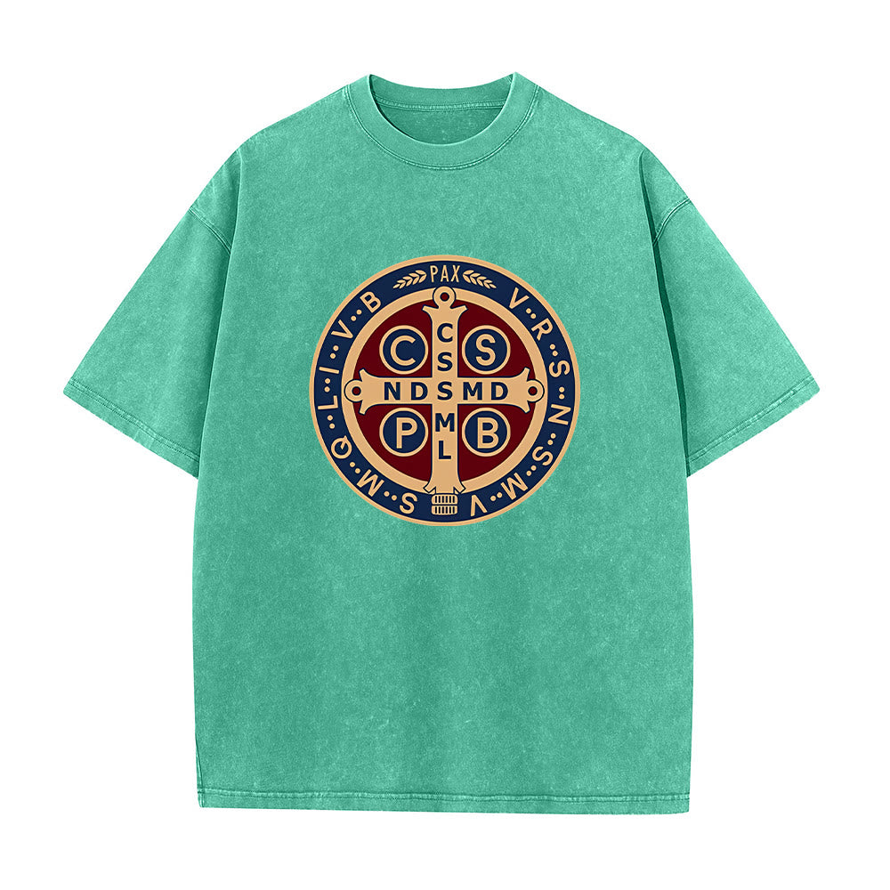 Christianartworkshop Medaglia di San Benedetto Santa Croce T-shirt unisex lavata - Verde - 5XL - image 10