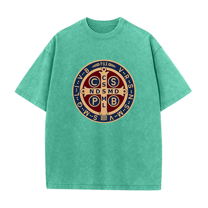 Christianartworkshop Medaglia di San Benedetto Santa Croce T-shirt unisex lavata - Verde - 5XL - image 10