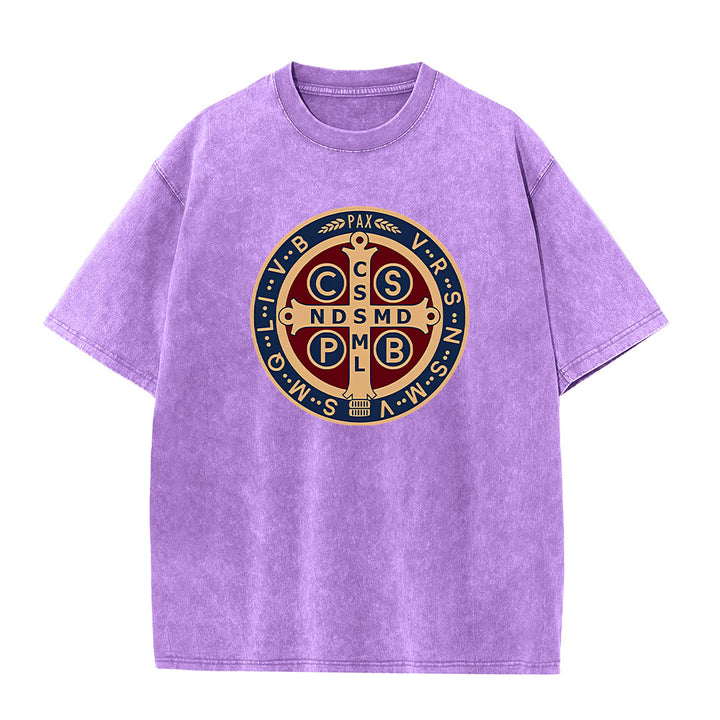 Christianartworkshop Medaglia di San Benedetto Santa Croce T-shirt unisex lavata - Viola - 5XL - image 9
