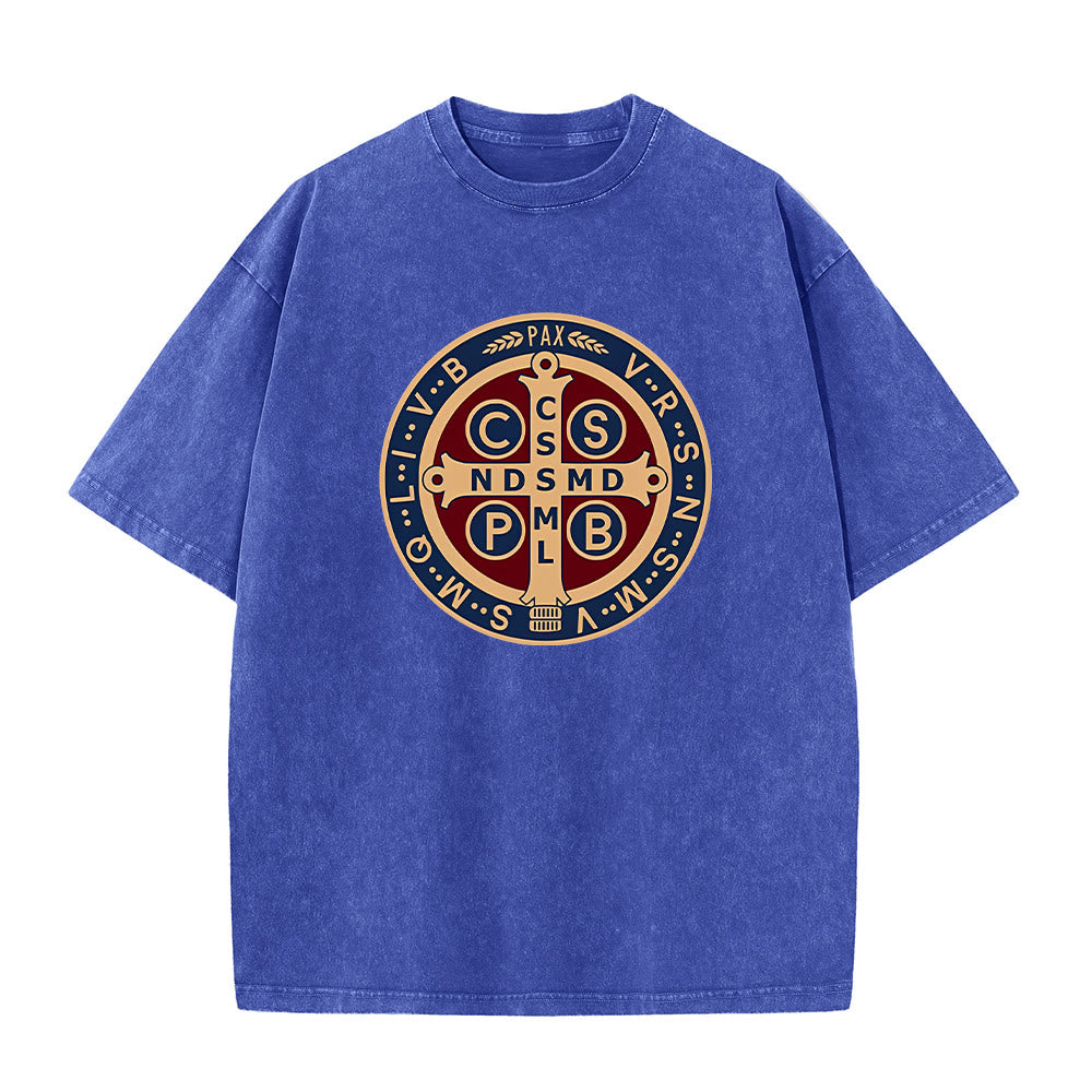 Christianartworkshop Medaglia di San Benedetto Santa Croce T-shirt unisex lavata - Blu - 5XL - image 3