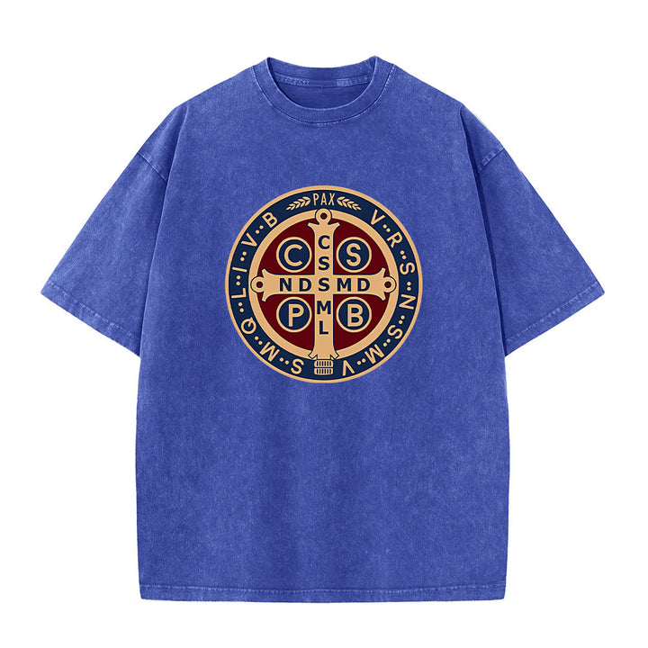 Christianartworkshop Medaglia di San Benedetto Santa Croce T-shirt unisex lavata - Blu - 5XL - image 3