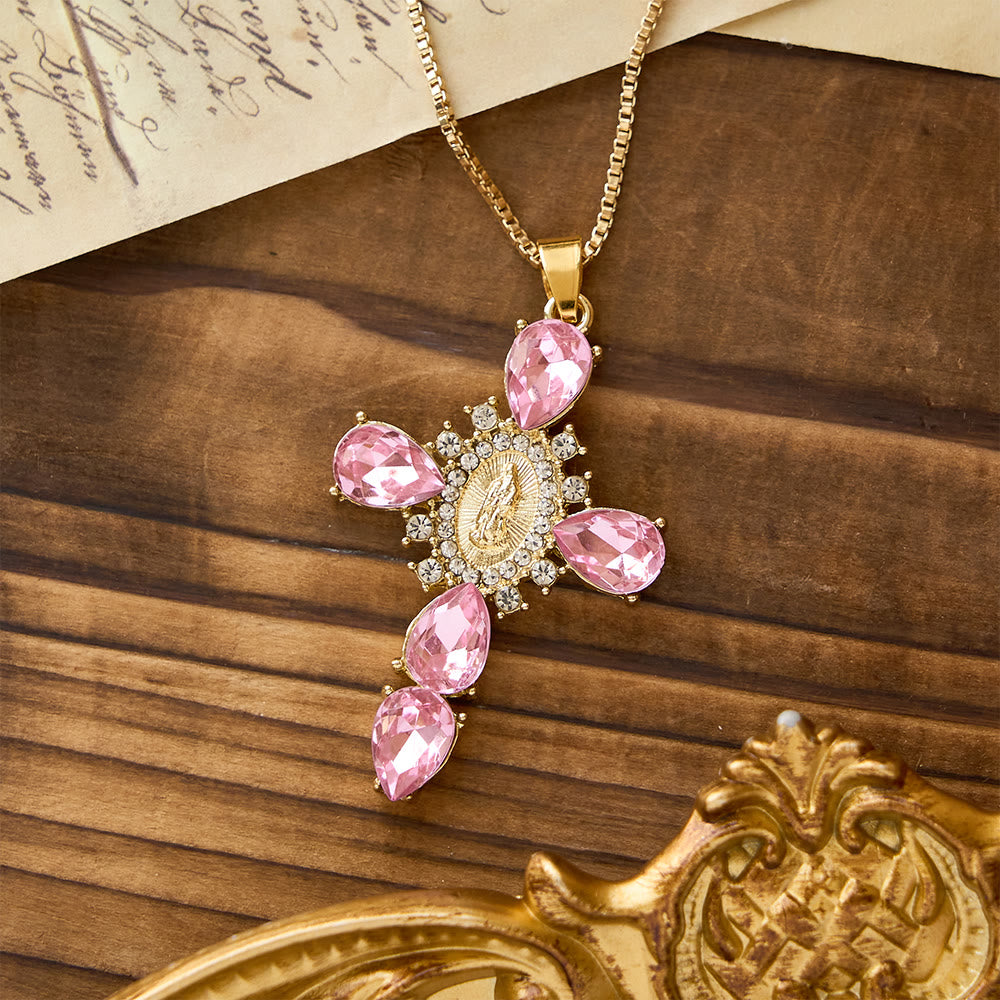 Christianartworkshop Croce luminosa della Madonna con collana di zirconi: caldo conforto per i cuori fedeli - Rosa - image 3