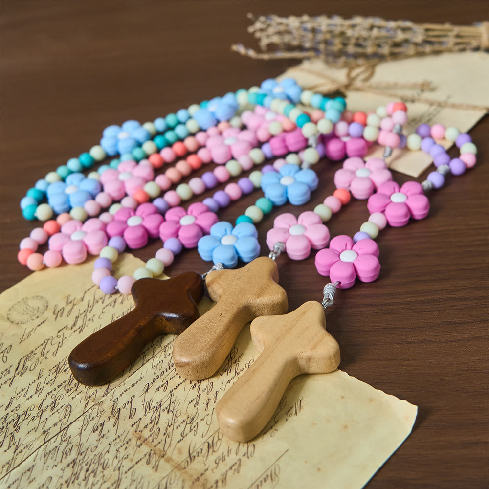 Christianartworkshop Set di rosari colorati per bambini: fiori in silicone morbido rosa, viola e blu per la prima preghiera - image 1