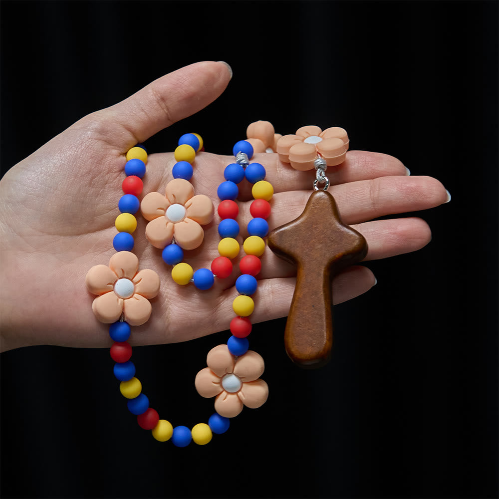 Christianartworkshop Rosario per bambini con fiori in silicone morbido: divertente design floreale con tavolozza di colori rosso, giallo e blu - image 1
