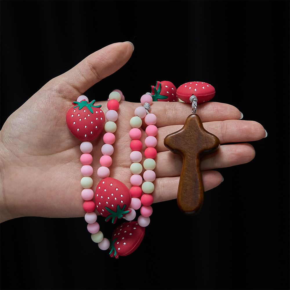 Christianartworkshop Rosario per bambini con fragole dolci: bacche morbide e grani bianchi rosa per giovani credenti - image 1
