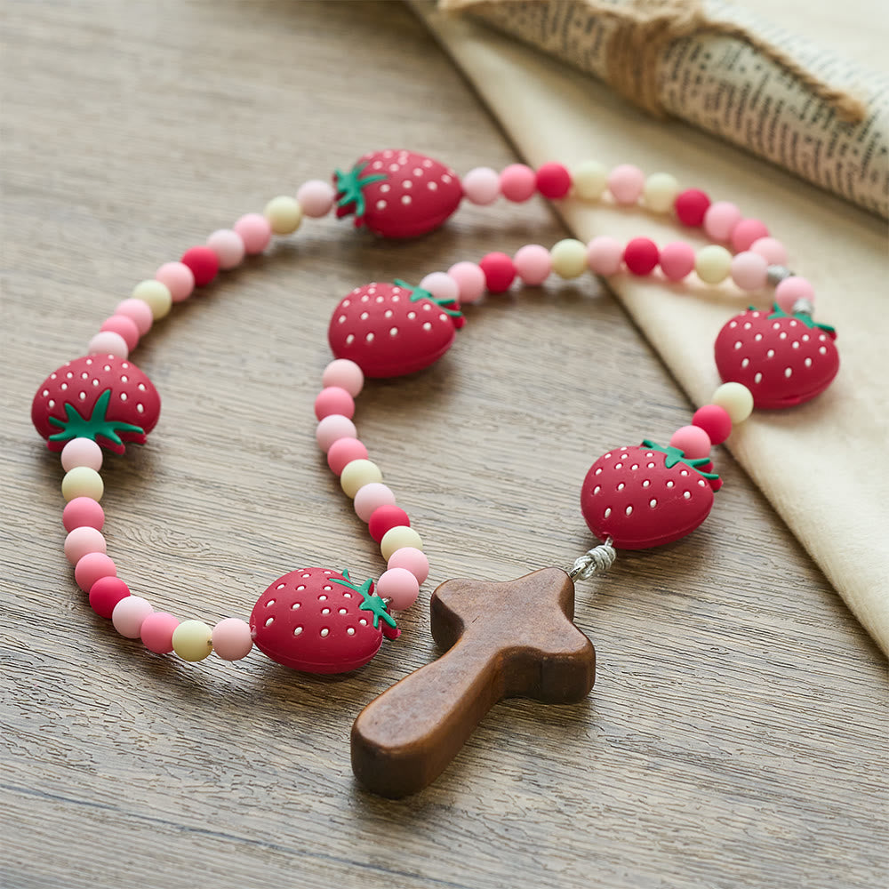 Christianartworkshop Rosario per bambini con fragole dolci: bacche morbide e grani bianchi rosa per giovani credenti - image 5