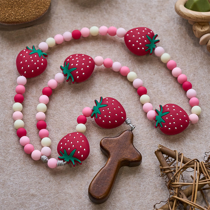 Christianartworkshop Rosario per bambini con fragole dolci: bacche morbide e grani bianchi rosa per giovani credenti - image 4