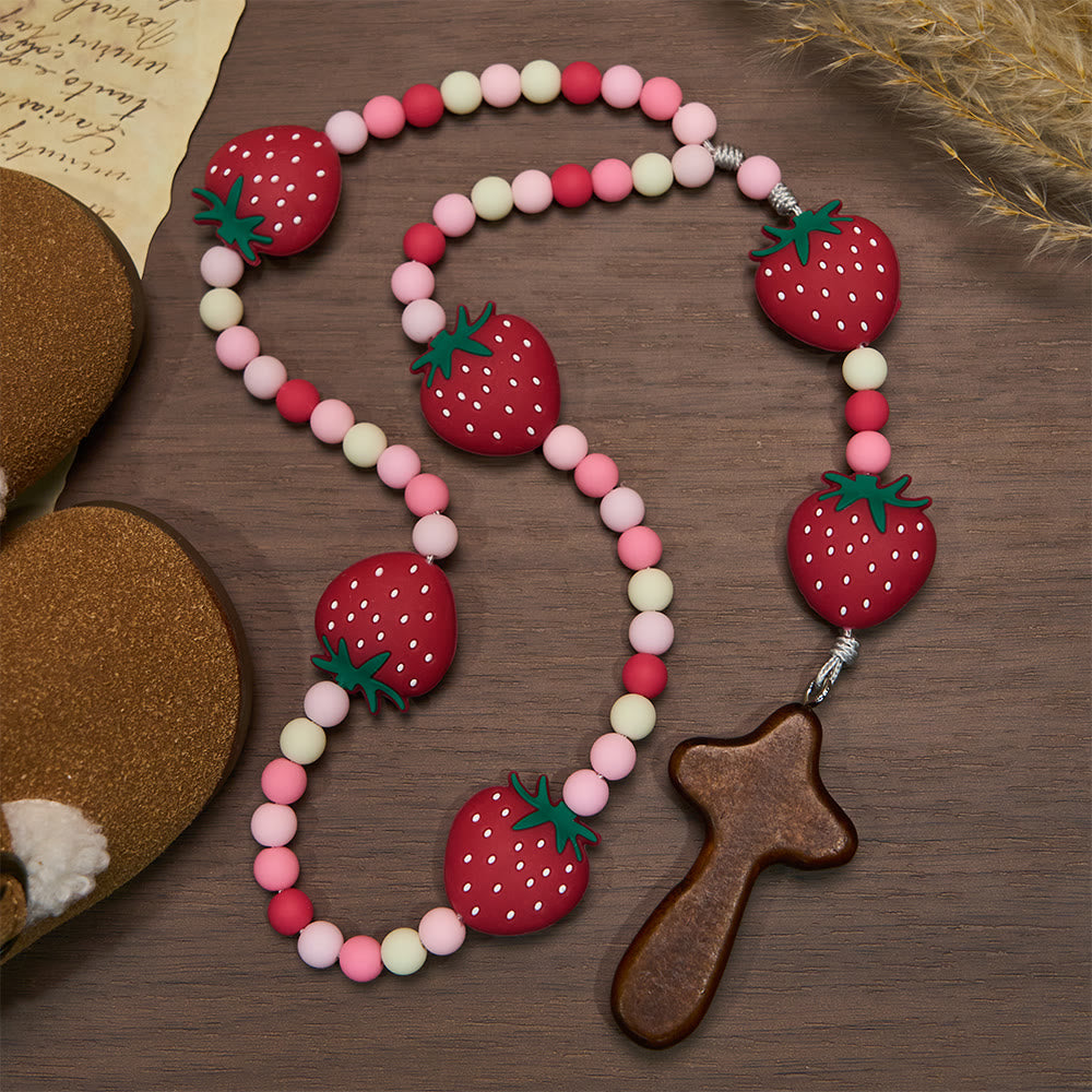 Christianartworkshop Rosario per bambini con fragole dolci: bacche morbide e grani bianchi rosa per giovani credenti - Fragola - image 0