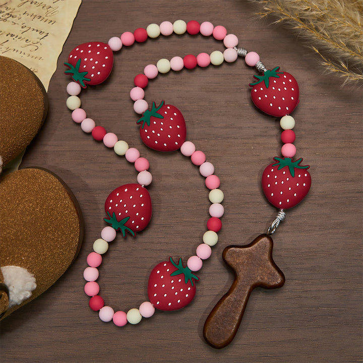 Christianartworkshop Rosario per bambini con fragole dolci: bacche morbide e grani bianchi rosa per giovani credenti - Fragola - image 0