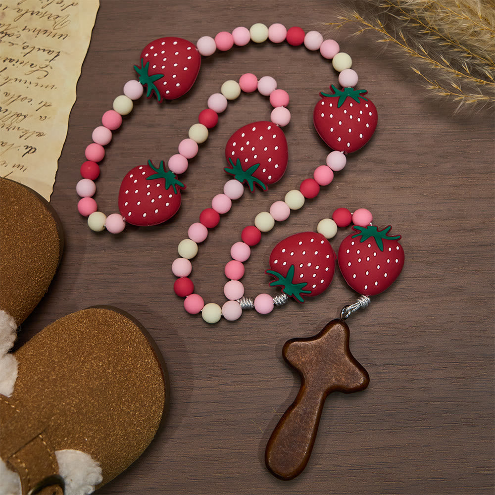 Christianartworkshop Rosario per bambini con fragole dolci: bacche morbide e grani bianchi rosa per giovani credenti - image 2