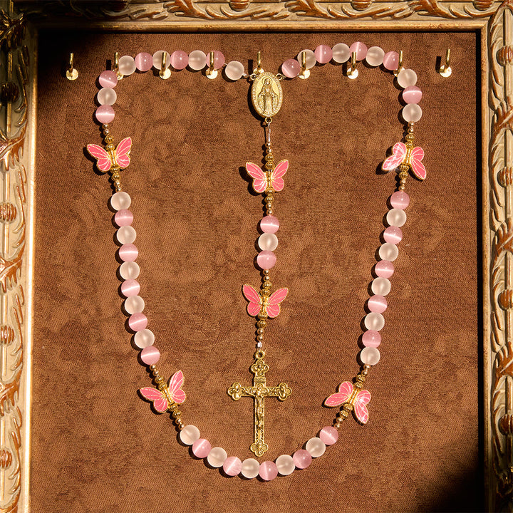 Christianartworkshop Rosario benedetto con farfalla in vetro opaco e occhio di gatto viola: incarna l'amore sacro e la grazia - image 5