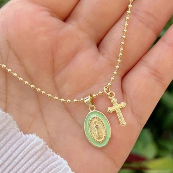 Christianartworkshop Collana con la Madonna e la Croce a Doppia Fede: Compagna Affidabile per la Fede Quotidiana - Verde - image 11