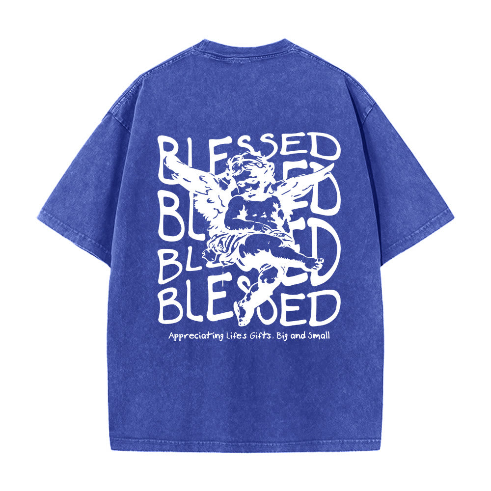 Maglietta unisex lavata ispirata a Christianartworkshop con disegno di cherubino e scritta "Beata" - Blu - 5XL - image 16