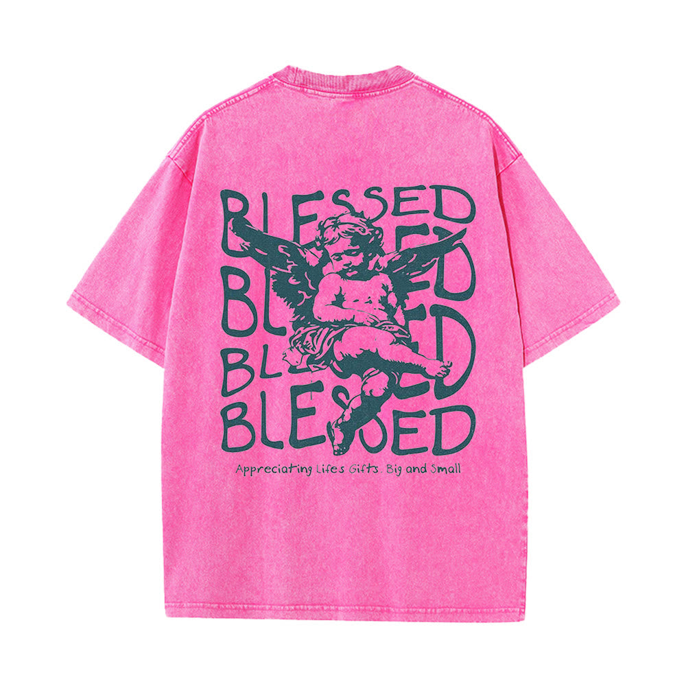 Maglietta unisex lavata ispirata a Christianartworkshop con disegno di cherubino e scritta "Beata" - Rosa - 5XL - image 12