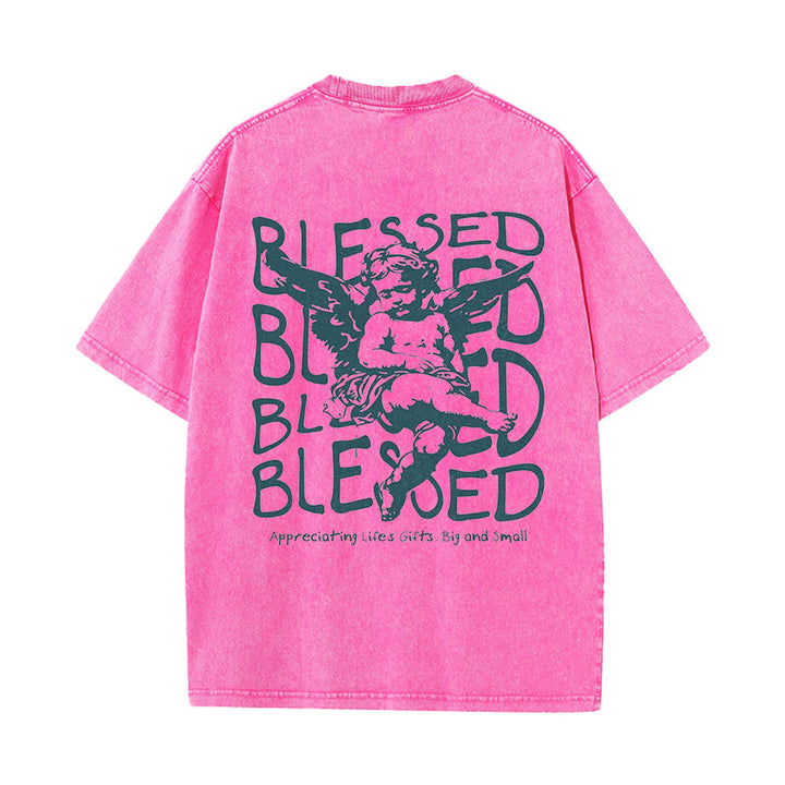 Maglietta unisex lavata ispirata a Christianartworkshop con disegno di cherubino e scritta "Beata" - Rosa - 5XL - image 12