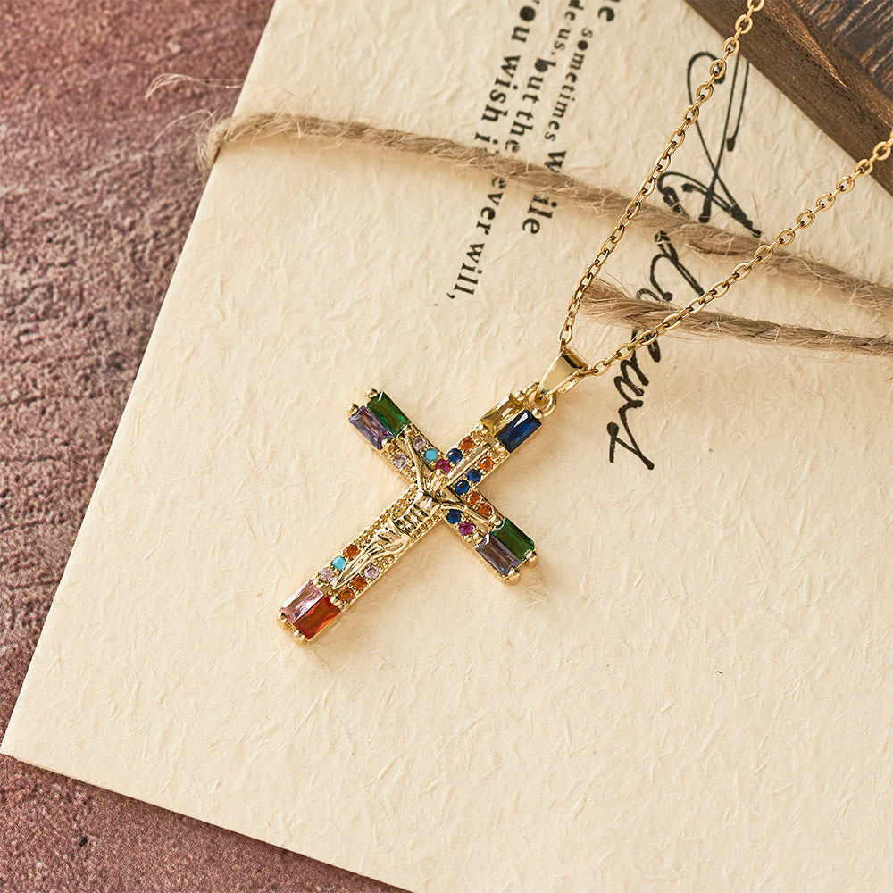 Collana in acciaio e titanio con croce in zirconi colorati in stile bohémien retrò Christianartworkshop - image 3
