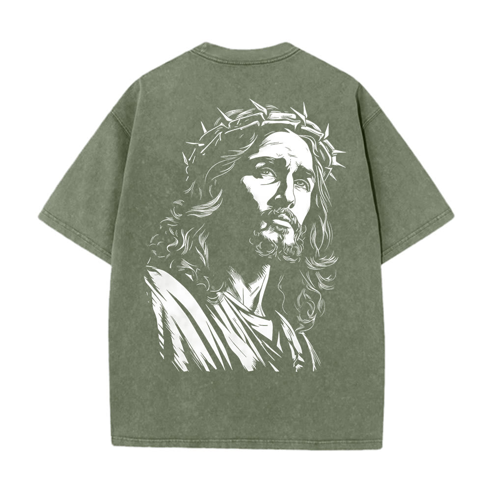 Christianartworkshop Maglietta unisex lavata in stile vintage con Gesù Cristo - Verde militare - 5XL - image 0