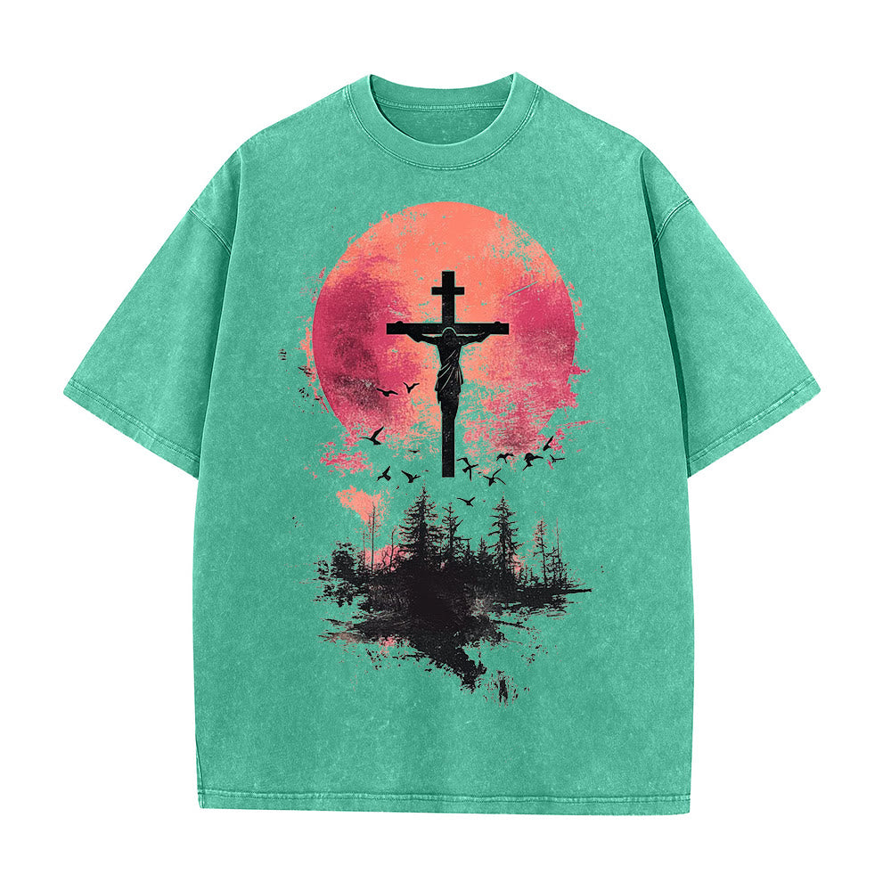 Christianartworkshop Divino Crocifisso su Paesaggio Naturale T-shirt unisex lavata - Verde - 5XL - image 1