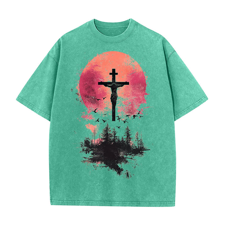 Christianartworkshop Divino Crocifisso su Paesaggio Naturale T-shirt unisex lavata - Verde - 5XL - image 1