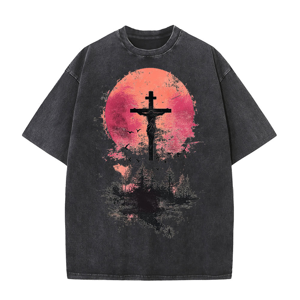 Christianartworkshop Divino Crocifisso su Paesaggio Naturale T-shirt unisex lavata - Nero - 5XL - image 2