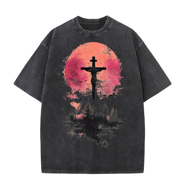 Christianartworkshop Divino Crocifisso su Paesaggio Naturale T-shirt unisex lavata - Nero - 5XL - image 2