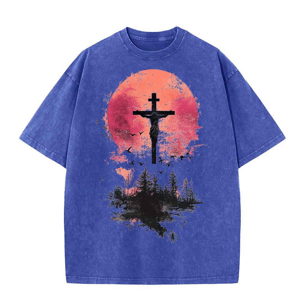 Christianartworkshop Divino Crocifisso su Paesaggio Naturale T-shirt unisex lavata - Blu - 5XL - image 8
