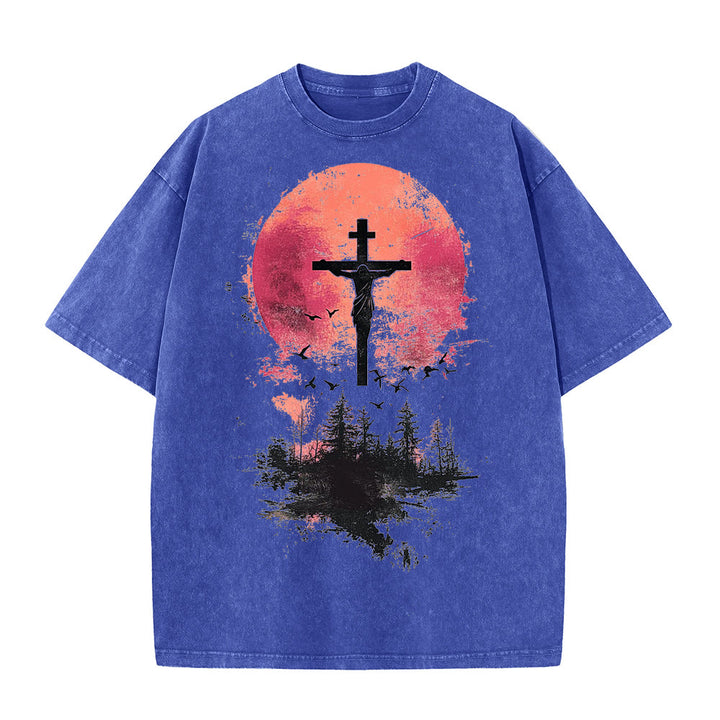 Christianartworkshop Divino Crocifisso su Paesaggio Naturale T-shirt unisex lavata - Blu - 5XL - image 8