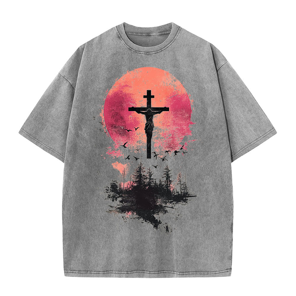 Christianartworkshop Divino Crocifisso su Paesaggio Naturale T-shirt unisex lavata - Grigio - 5XL - image 4