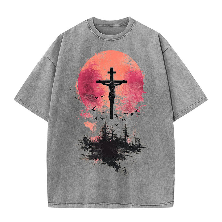 Christianartworkshop Divino Crocifisso su Paesaggio Naturale T-shirt unisex lavata - Grigio - 5XL - image 4
