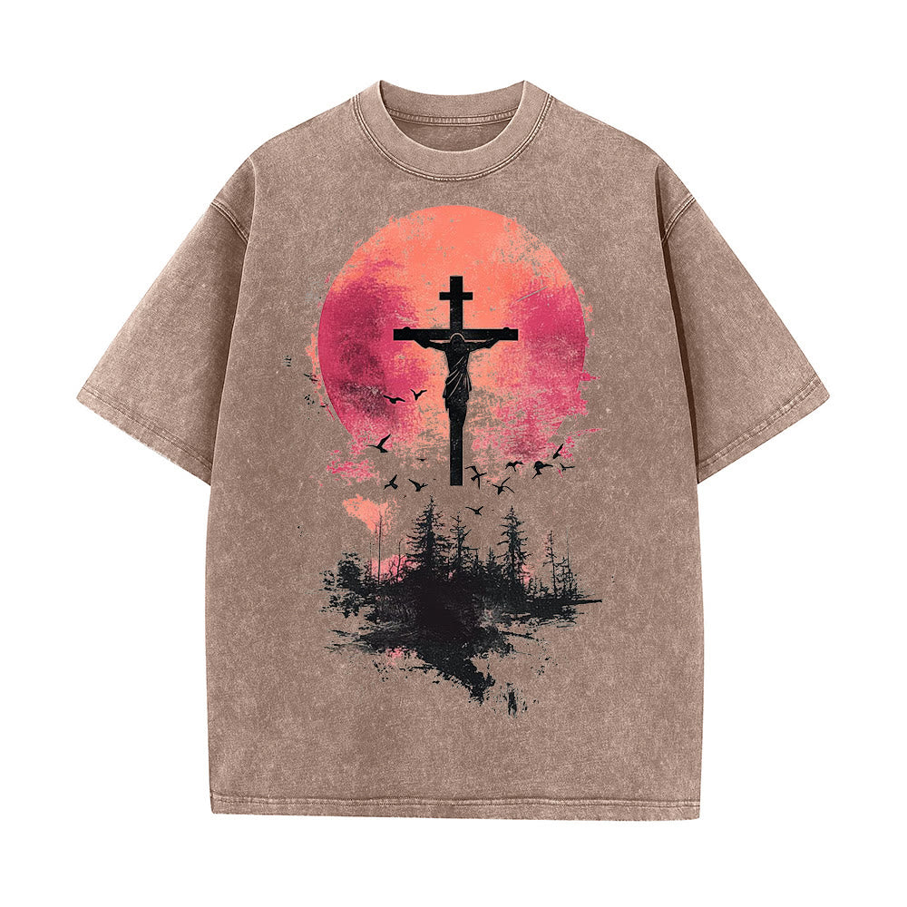 Christianartworkshop Divino Crocifisso su Paesaggio Naturale T-shirt unisex lavata - Caffè - 5XL - image 7