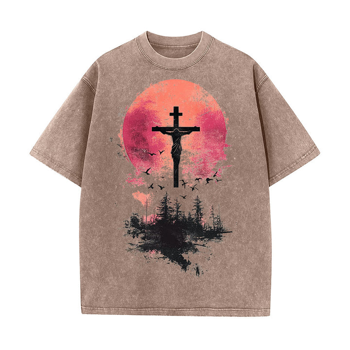 Christianartworkshop Divino Crocifisso su Paesaggio Naturale T-shirt unisex lavata - Caffè - 5XL - image 7