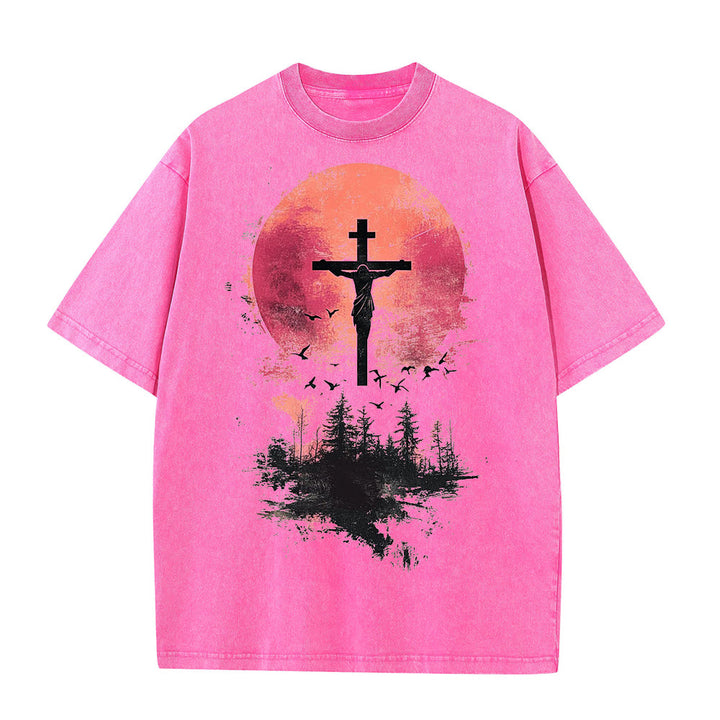 Christianartworkshop Divino Crocifisso su Paesaggio Naturale T-shirt unisex lavata - Rosa - 5XL - image 6
