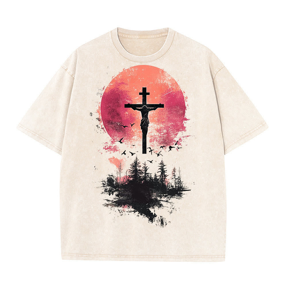 Christianartworkshop Divino Crocifisso su Paesaggio Naturale T-shirt unisex lavata - Albicocca - 5XL - image 5